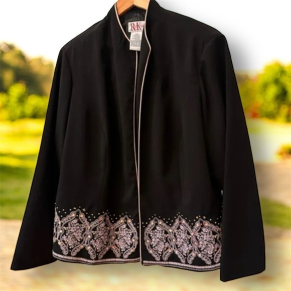 R&K Black Blazer Women’s 20W Embroidered Pink Trim Plus Size Career Jacket - Picture 1 of 6